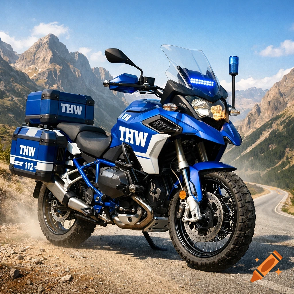 A blue and white THW emergency service motorcycle with blue lights, parked on a dirt road in a scenic mountain landscape.
