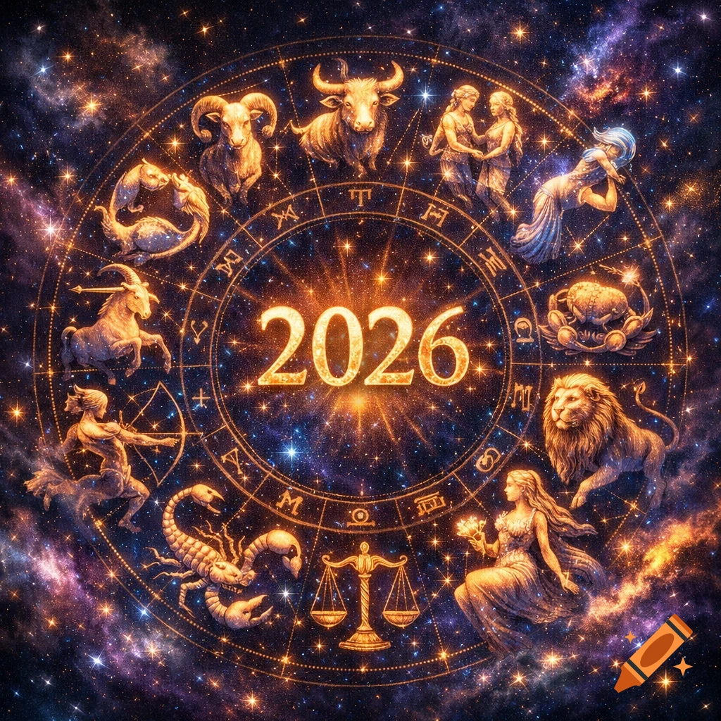 A glowing golden astrological zodiac wheel featuring all twelve signs against a vibrant cosmic starry sky, with the year 2026 at its center.