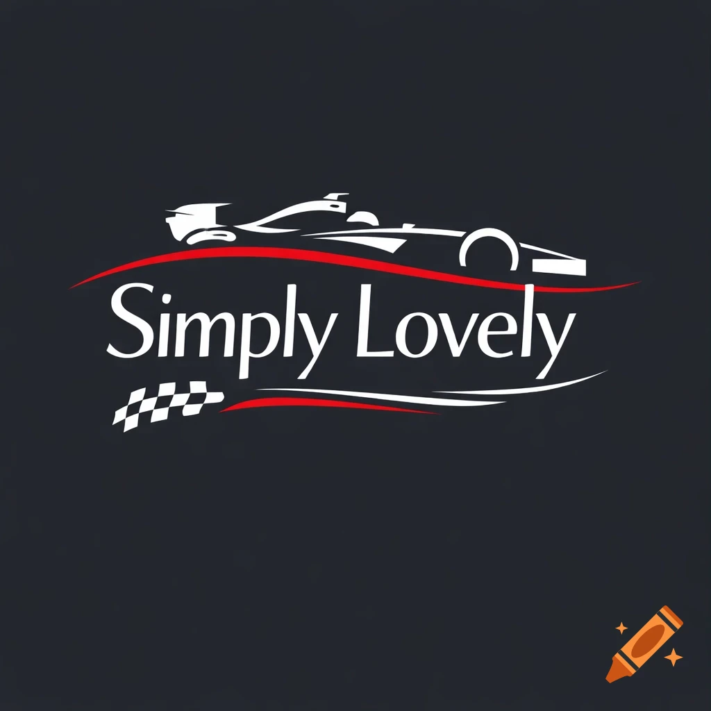 A logo with a white outline of an F1 race car, red and white swooshes, the text "Simply Lovely", and a checkered flag pattern on a dark background.