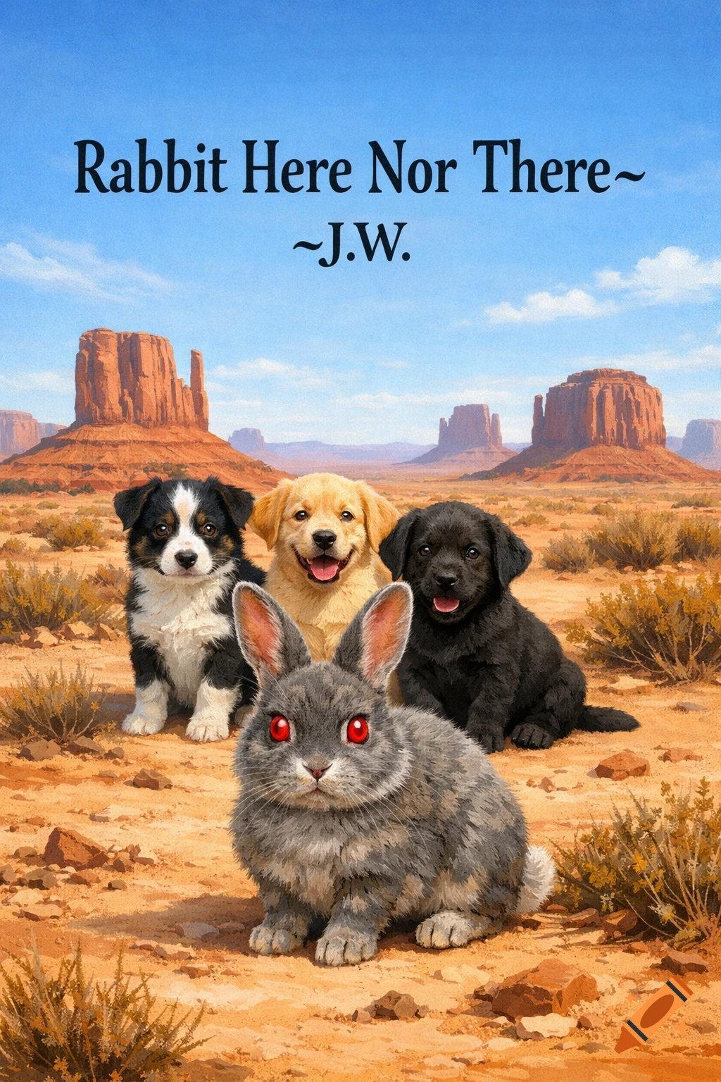 A grey rabbit with red eyes and three puppies in an Arizona desert landscape with mesas under a blue sky with text.