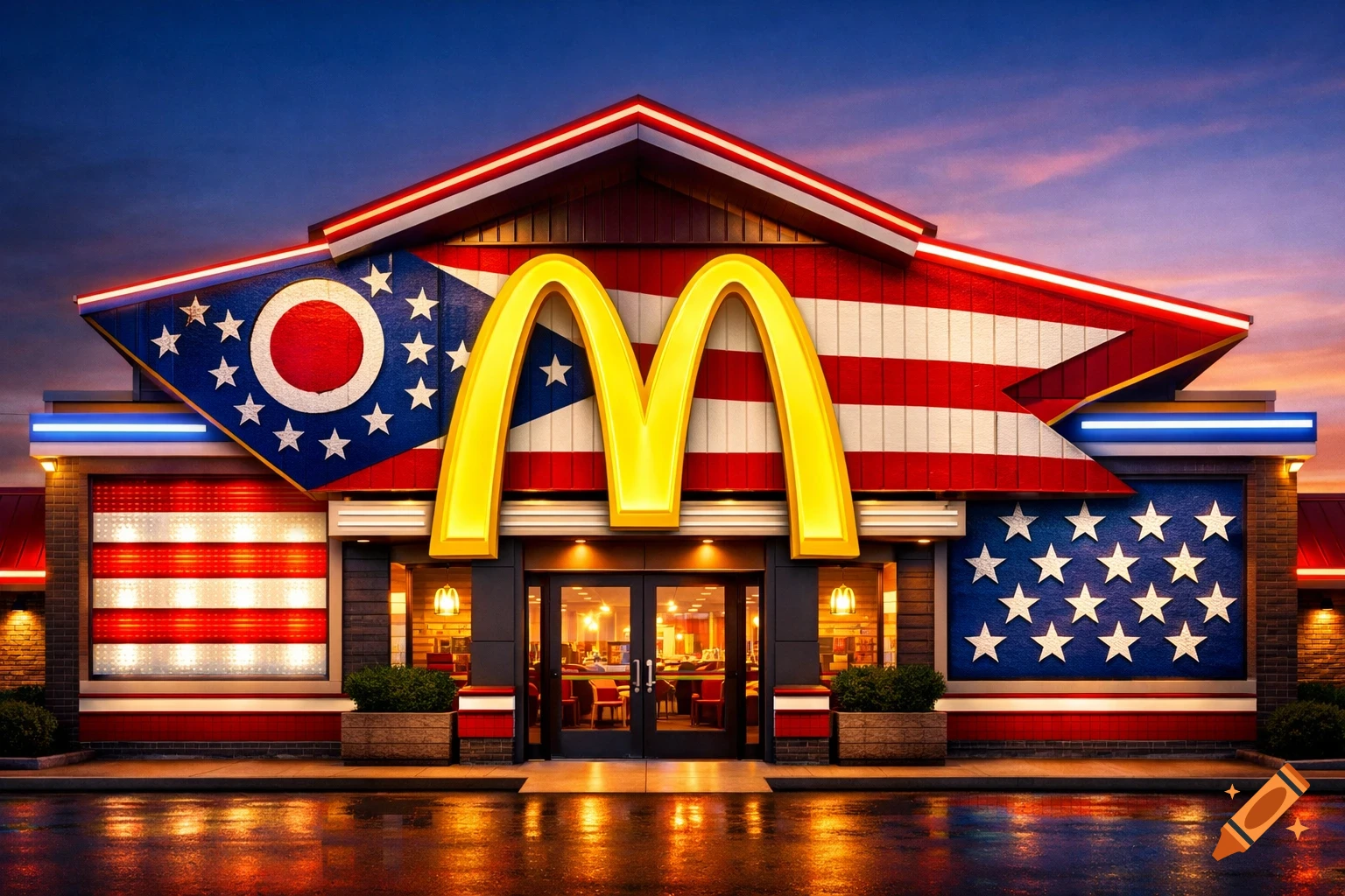 A McDonald's restaurant is decorated with the American flag and Ohio state flag designs, illuminated at dusk with reflections on a wet street.