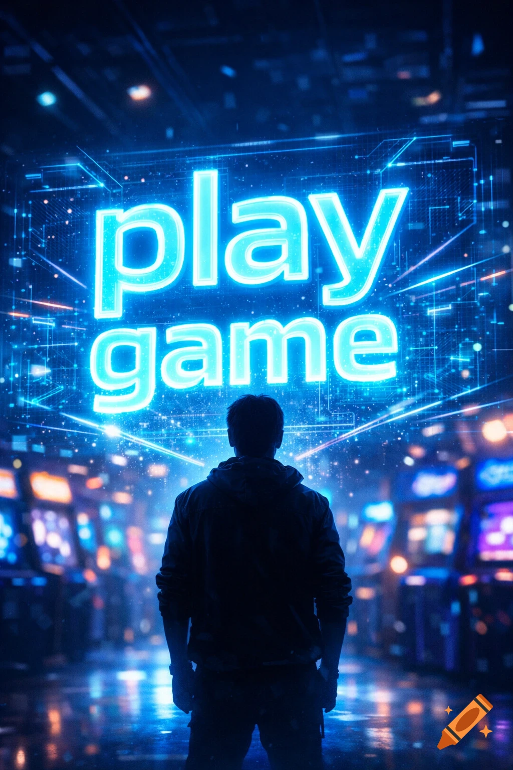 A person views a large, glowing neon 'play game' sign in a dark, futuristic arcade with digital elements.