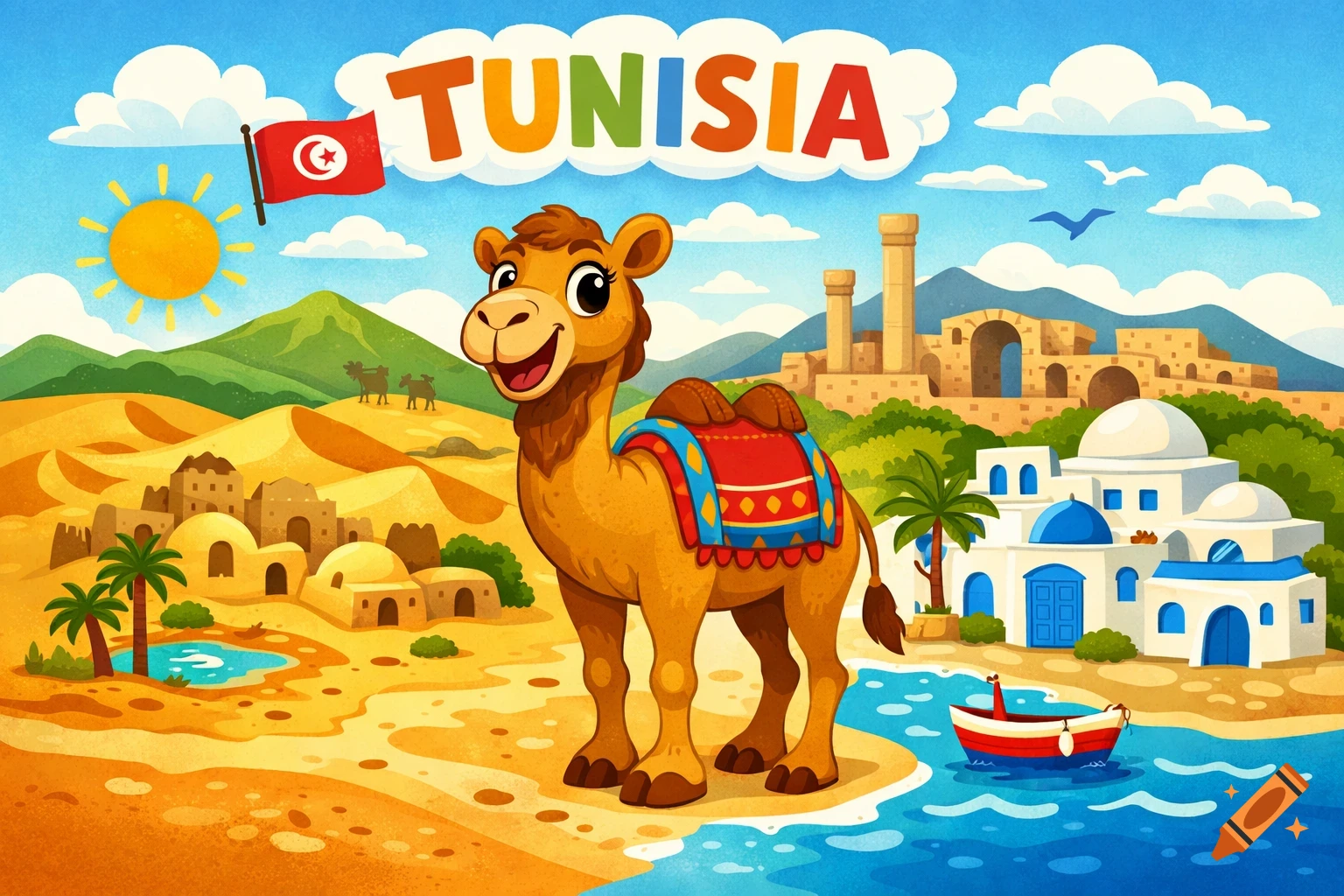 Colorful cartoon of Tunisia with a smiling camel, desert, oasis, flag, and coastal buildings.