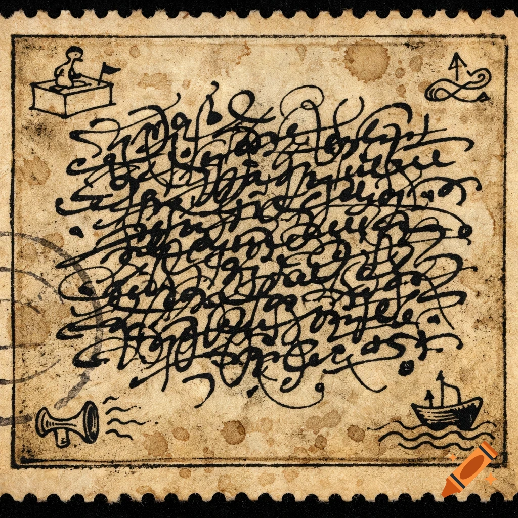 An aged, beige postage stamp featuring dense, black asemic handwriting in the center, bordered by a thin line and perforated edges. Simple line art icons of a figure in a box, a stylized arrow, a megaphone, and a boat on waves are in the corners, with faint circular postmarks on the left.
