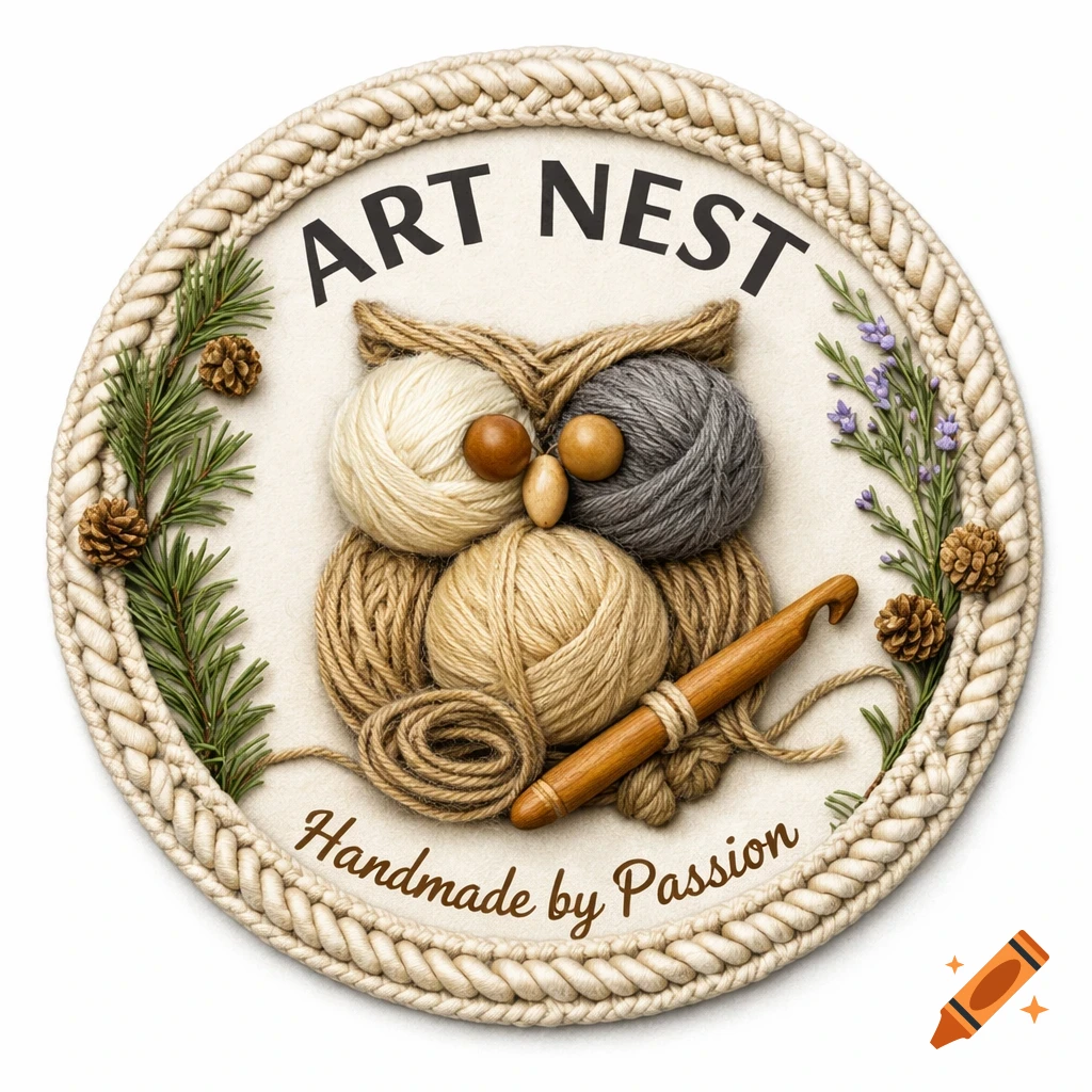 A hyperrealistic circular logo featuring an owl made of yarn, a crochet hook, pine, and lavender with text 'ART NEST' and 'Handmade by Passion'.