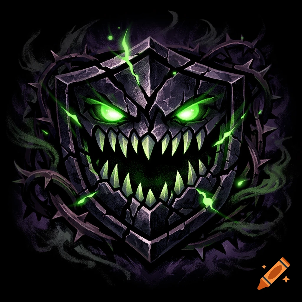 A dark, menacing shield with glowing green eyes, sharp teeth, and thorny vines, emitting green smoke on a black background.