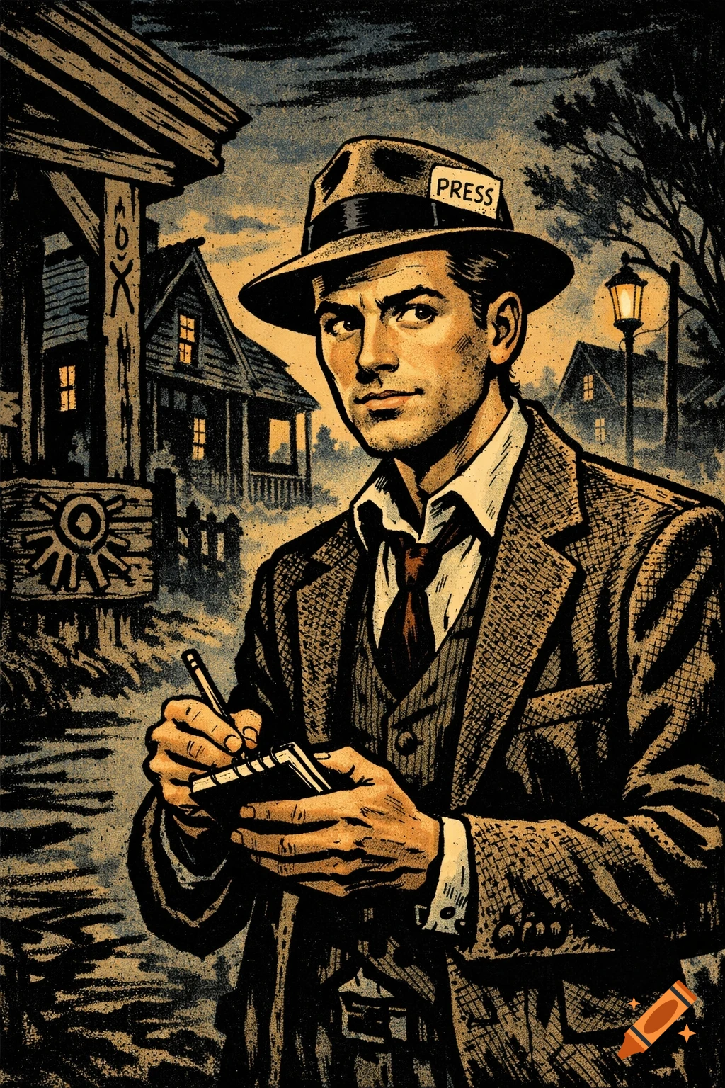 A 1930s pulp noir comic illustration of a young male journalist with a fedora and a "PRESS" card, holding a notebook and pencil. He stands in a dark, quiet rural town with old houses and a dim streetlight, with strange symbols carved into wood nearby.