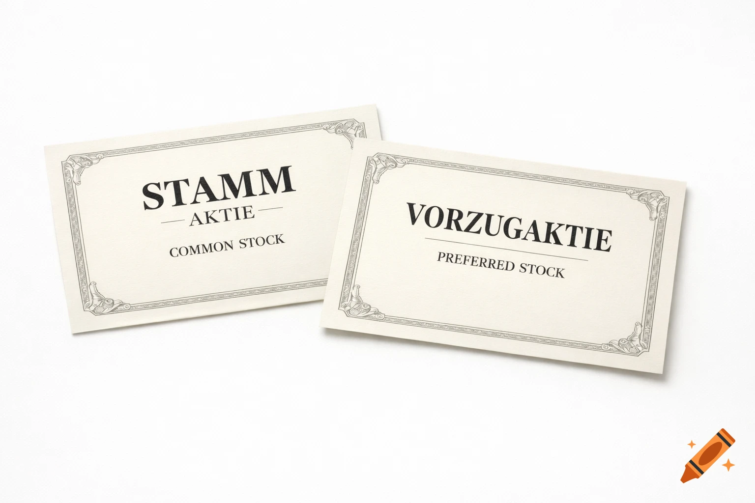 Two classic stock certificates, one for 'STAMM AKTIE (COMMON STOCK)' and one for 'VORZUGAKTIE (PREFERRED STOCK)', on a white background.
