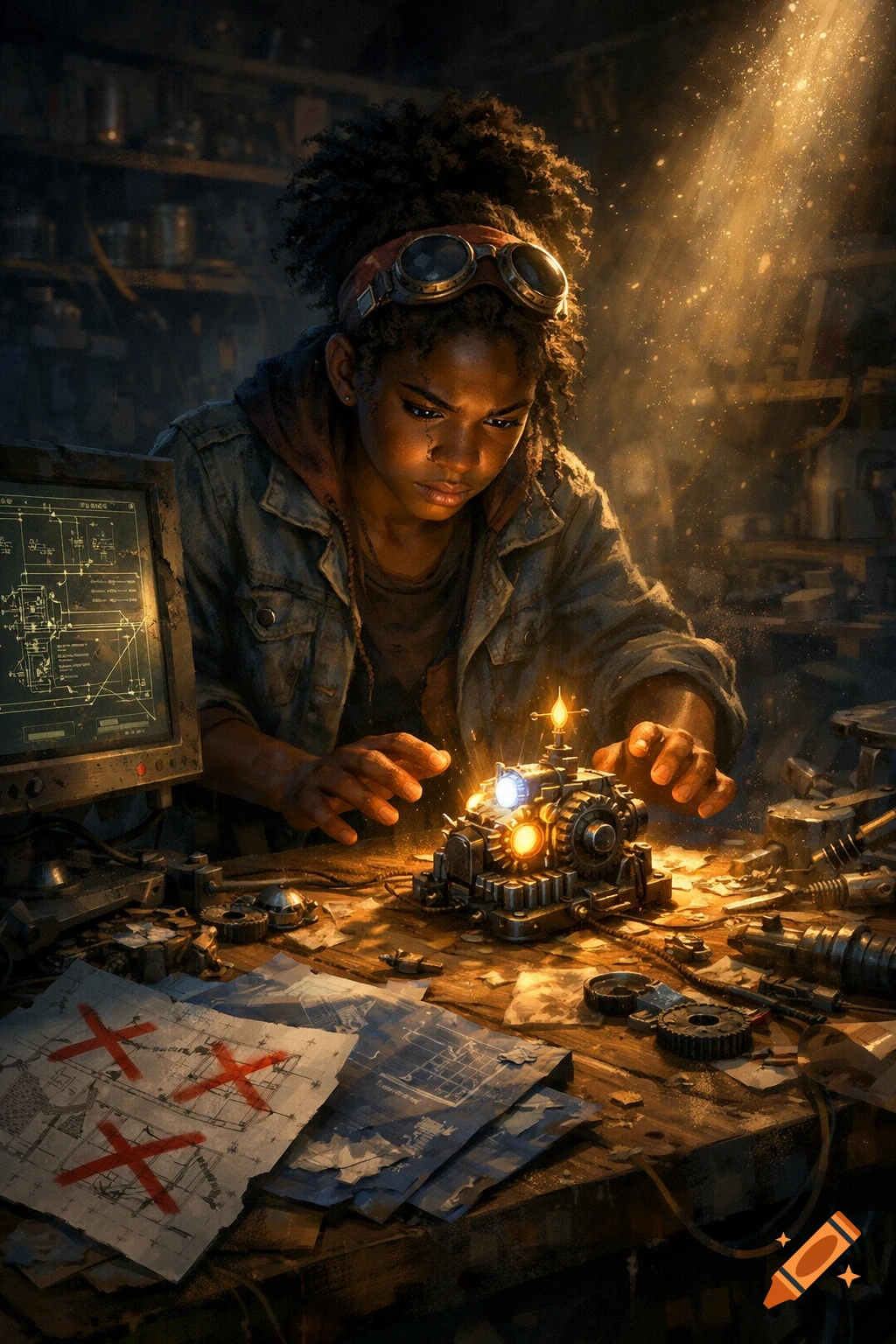 A determined young Black female engineer works on a glowing steampunk invention in a cluttered workshop, surrounded by blueprints and tools, illuminated by warm light.