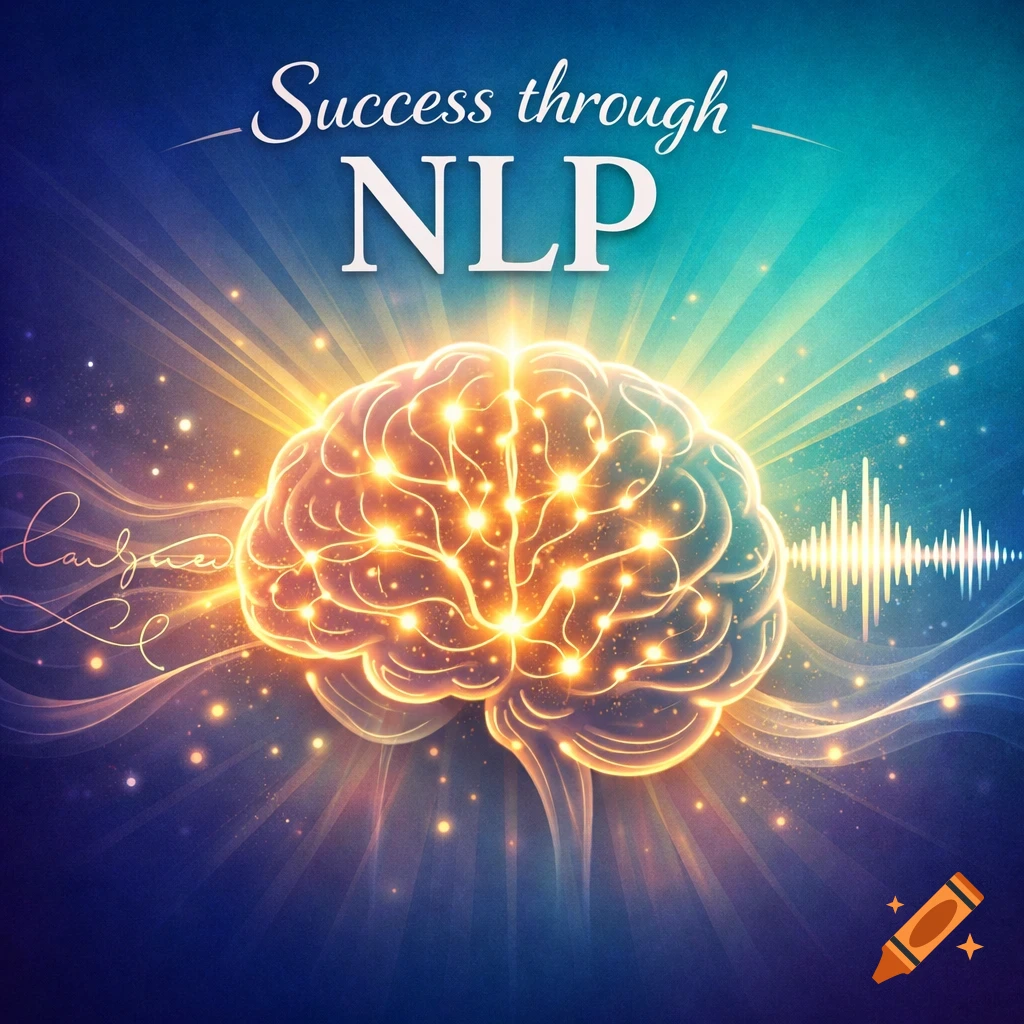 Glowing human brain surrounded by golden light rays and particles on a blue-green background, with text 'Success through NLP'.