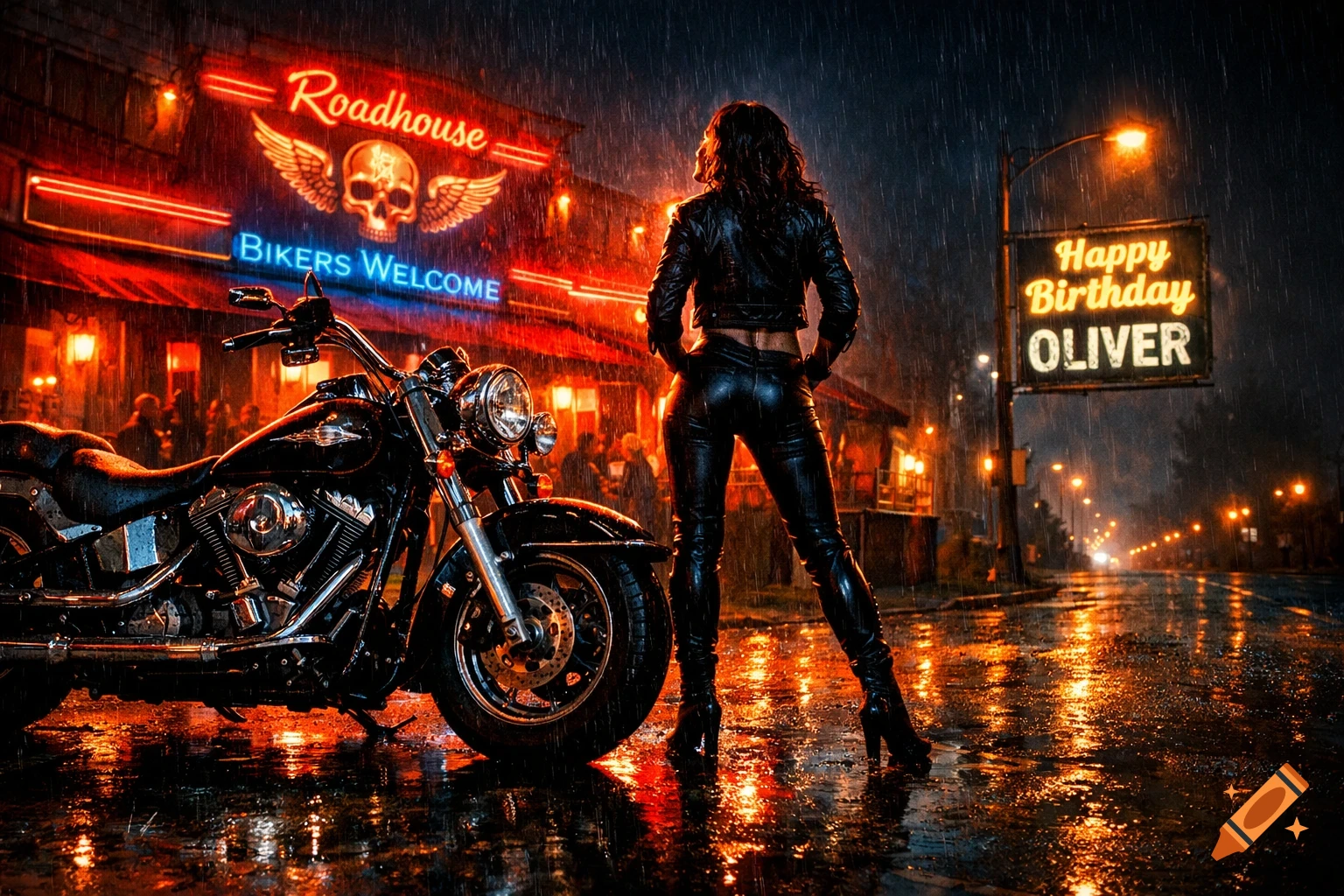 A woman in leather stands by a motorcycle in front of a neon-lit "Roadhouse" biker bar on a rainy night, with a "Happy Birthday Oliver" sign.