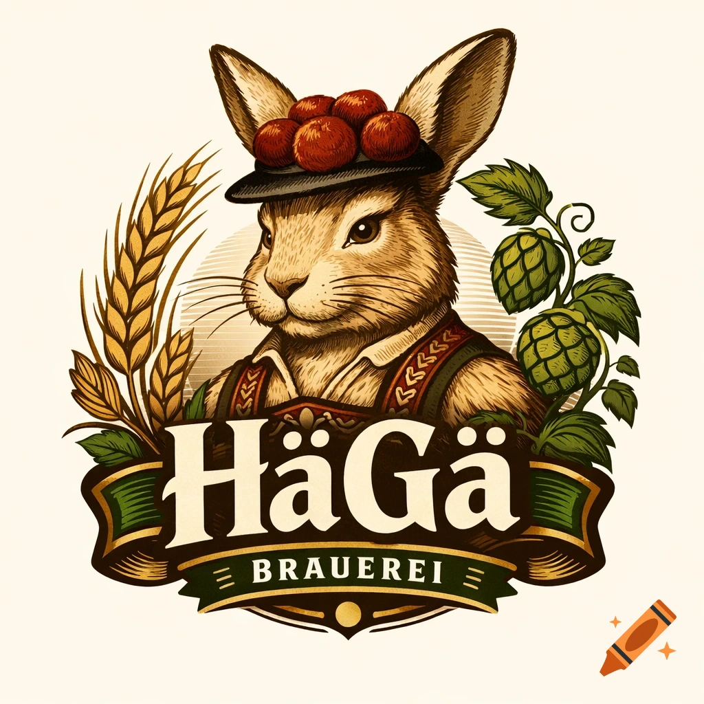 Vintage-style logo of a rabbit in a German hat surrounded by wheat and hops, with 'HäGä BRAUEREI' text.