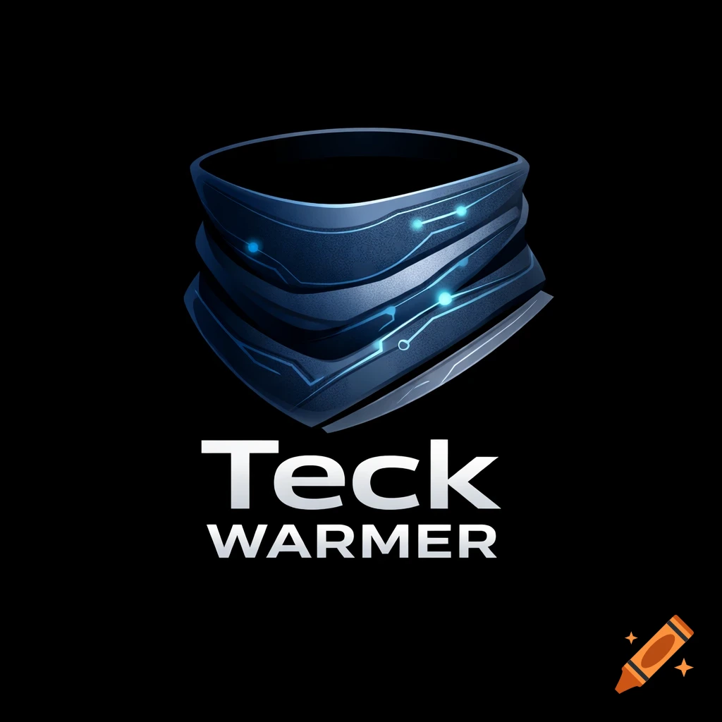 Futuristic blue neck warmer logo with circuit patterns and glowing lights, text 'Teck WARMER' on a black background.