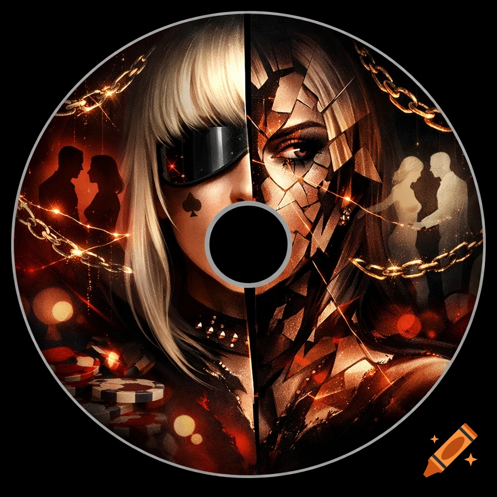 A circular CD label featuring a woman's face split down the middle; one half is blonde with a visor and spade, the other shattered and dark. Poker chips, chains, and silhouetted couples surround her in a stylized, dark composition.