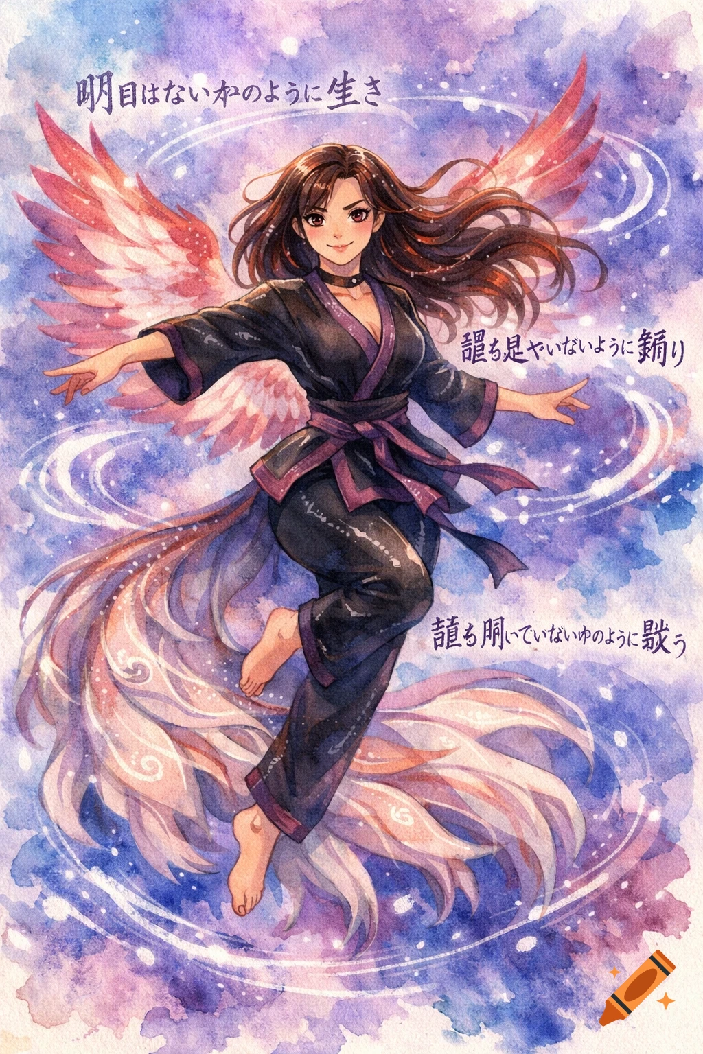 A long-haired woman with phoenix wings and a kitsune tail, wearing a black martial arts gi, floats amidst swirling lines and Japanese text in a watercolor style.