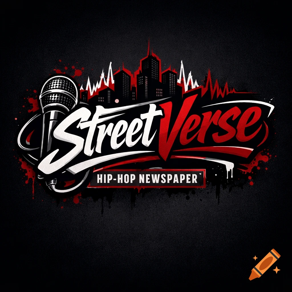 A 'StreetVerse' hip-hop newspaper logo with a microphone, red urban skyline, and graffiti-style text on a black background.