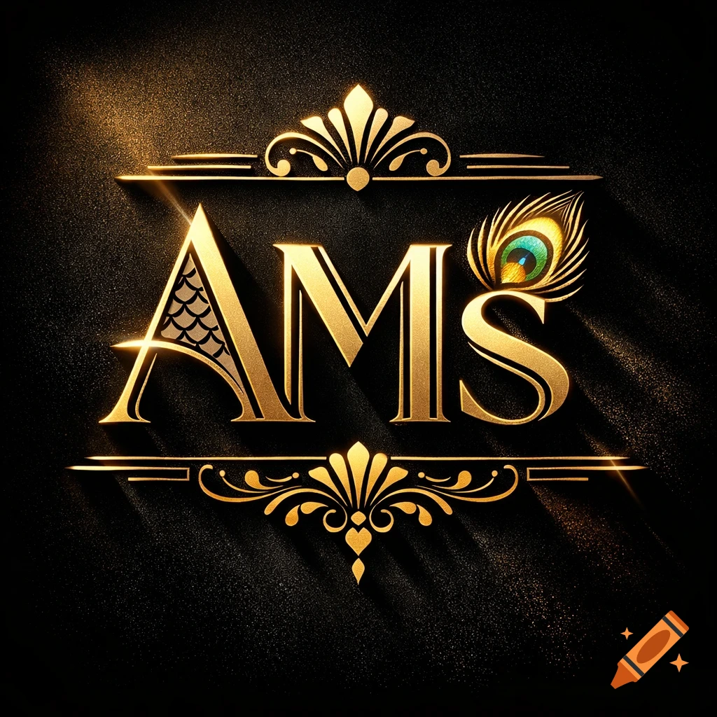 Luxurious golden Art Deco logo with 'AMS', stylized ornaments, and a peacock feather on a dark, textured background.