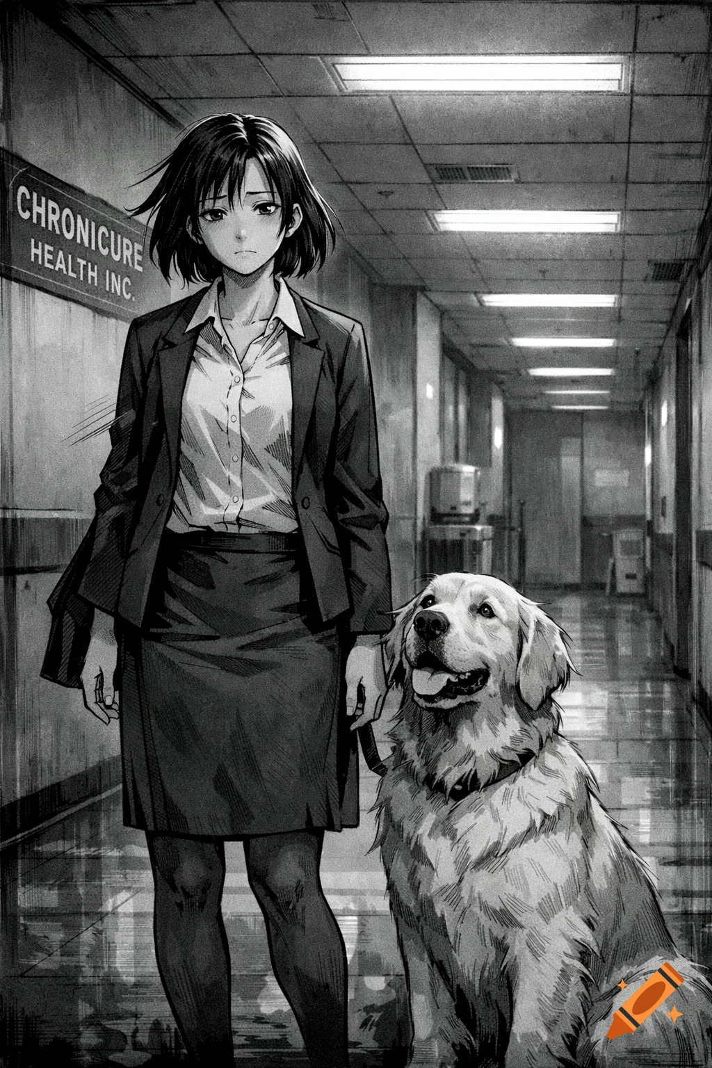 A monochromatic manga panel shows a sad woman in a suit walking her golden retriever through a corporate hallway with a 'CHRONICURE HEALTH INC.' sign.