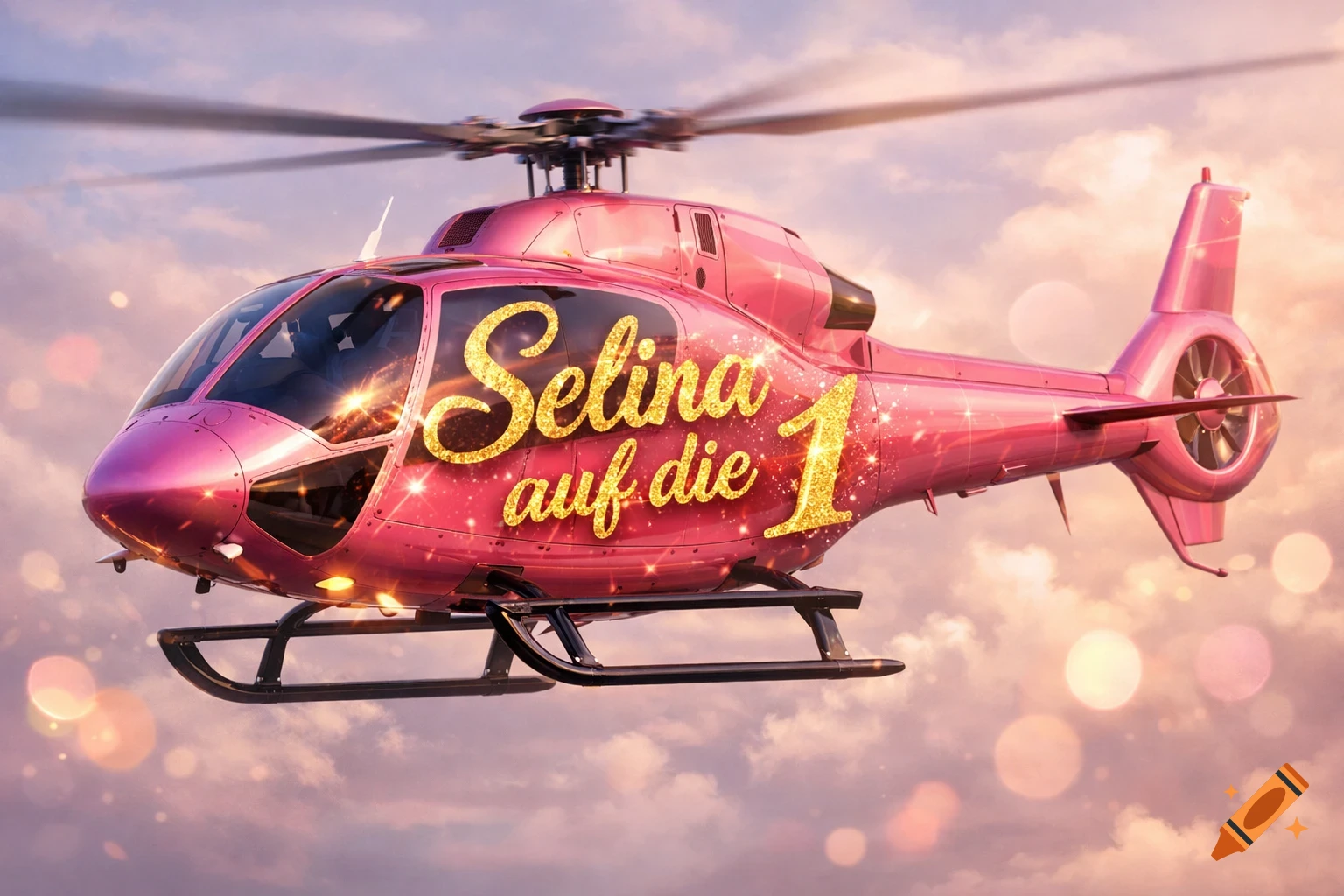A shiny pink helicopter with "Selina auf die 1" in golden glitter text, flying in a sunset sky with bokeh lights.