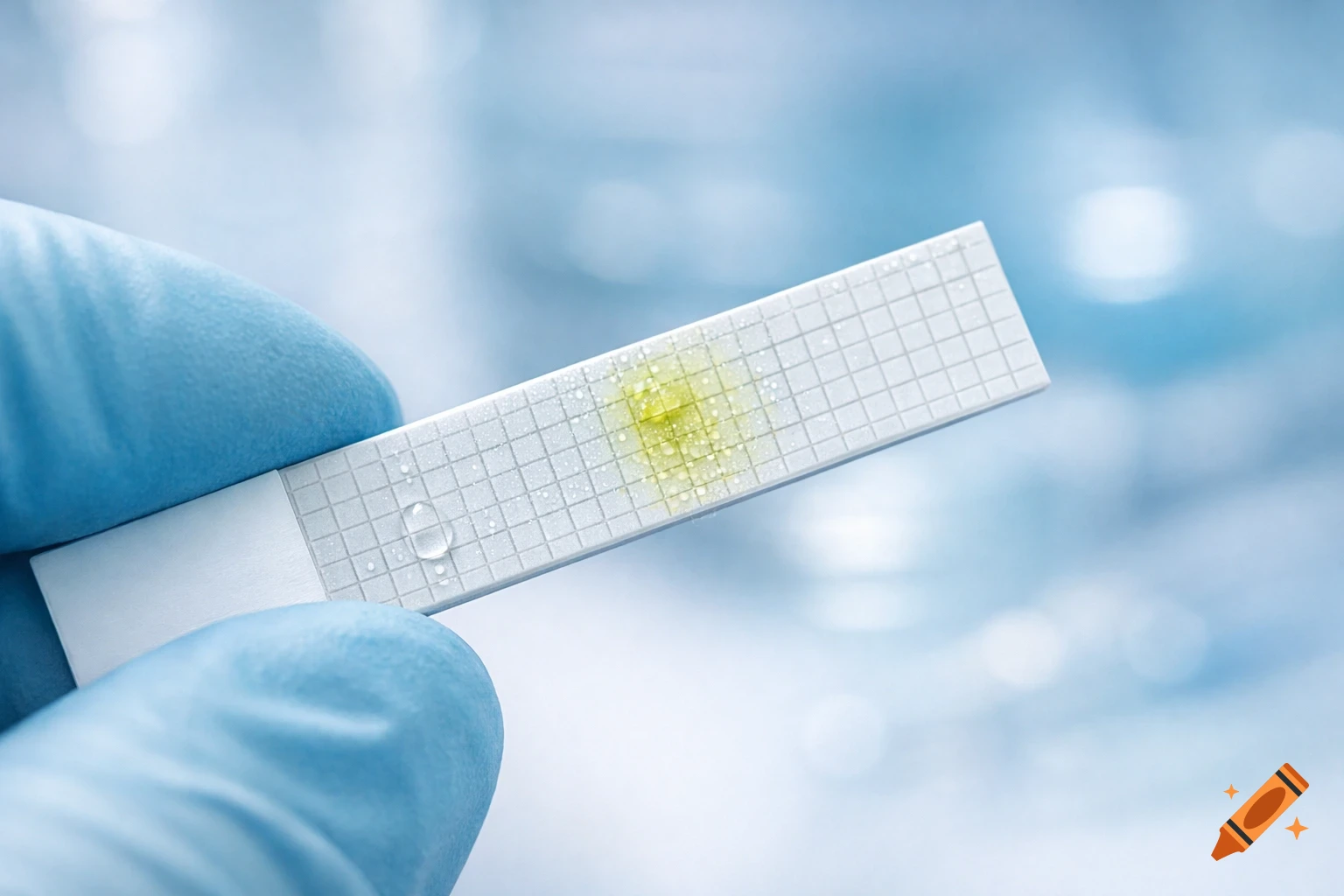 A gloved hand holds a white test strip with a yellow liquid sample and water droplets against a blurry blue background.