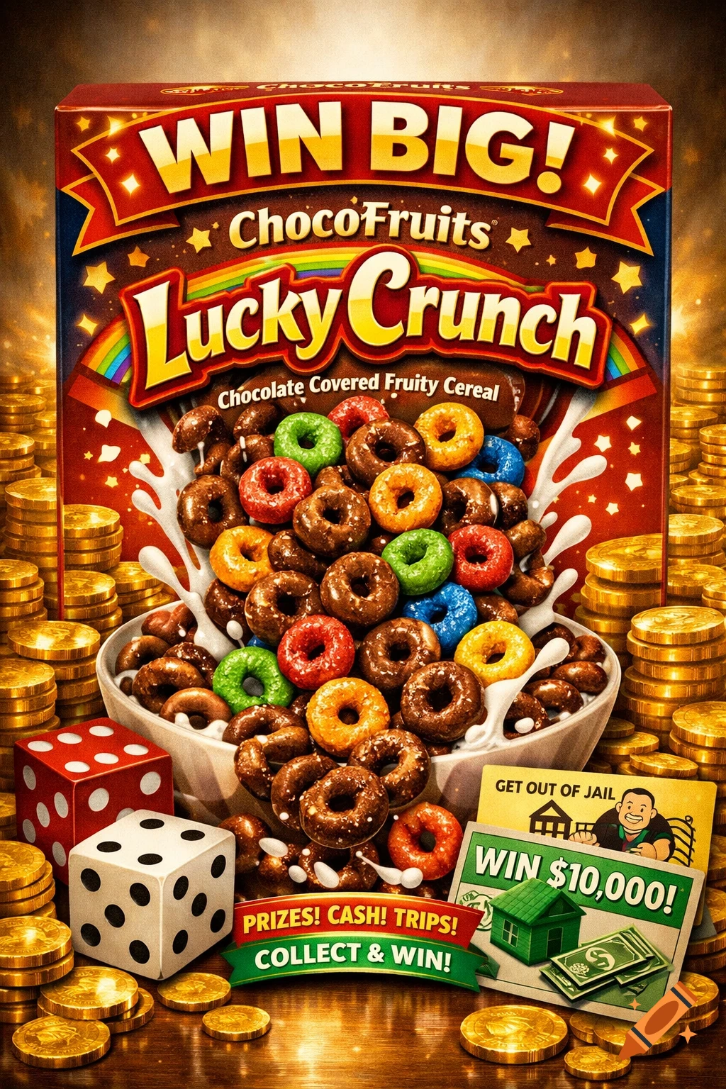 A colorful cereal box for "ChocoFruits Lucky Crunch" overflowing with chocolate and fruit loop cereal, surrounded by golden coins, dice, and game cards, against a sparkling golden background.