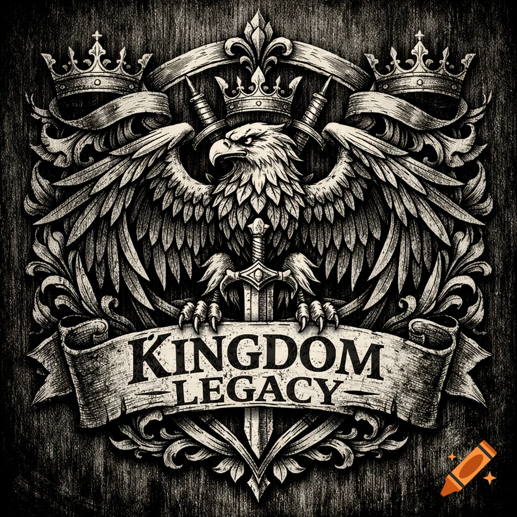 Black and white heraldic crest with an eagle, crowns, swords, and a banner reading 'KINGDOM LEGACY'.
