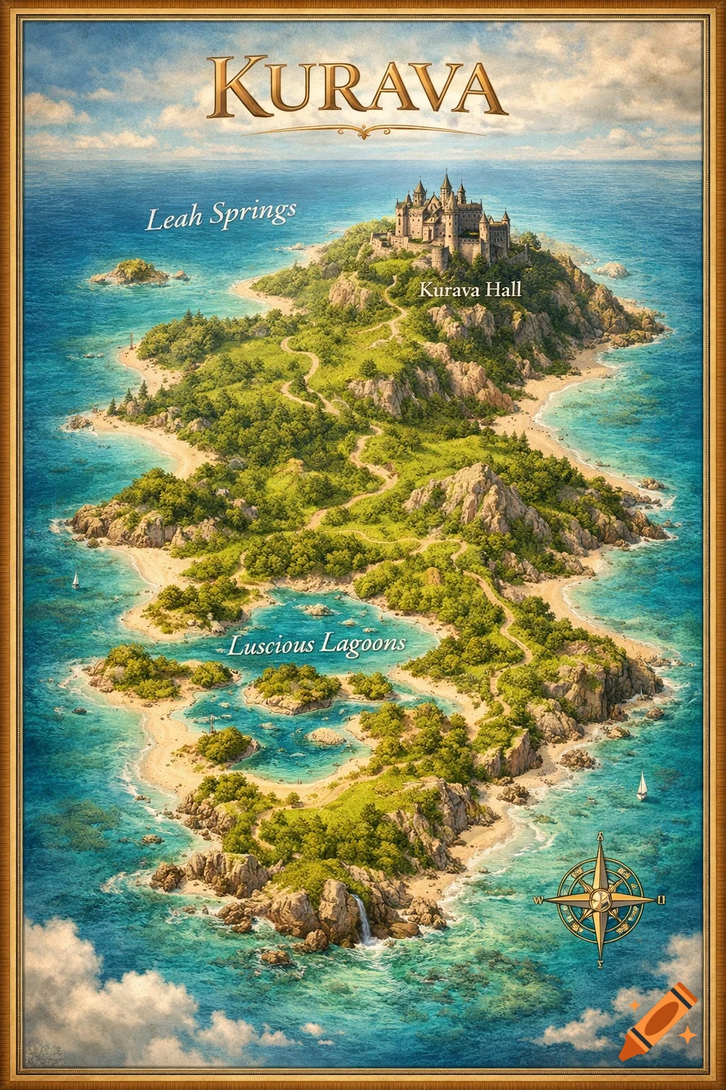A highly detailed fantasy map of Kurava island with a castle, sandy beaches, turquoise lagoons, and lush greenery, framed in gold.