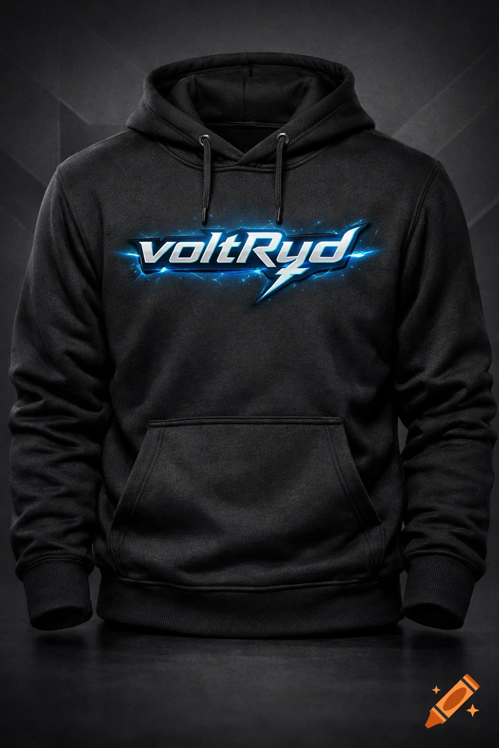 A black hoodie featuring a glowing blue and silver 'voltRyd' logo with lightning bolt accents.