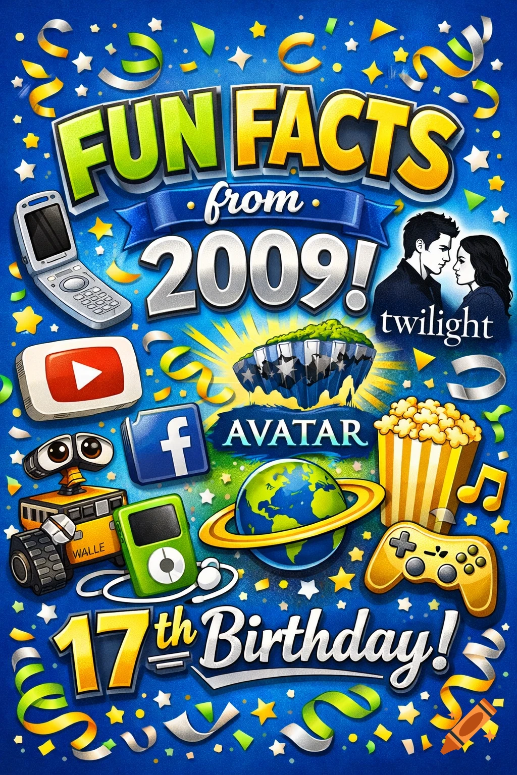 Vibrant blue birthday card illustration for a 17th birthday with "Fun Facts from 2009," featuring Wall-E, YouTube, Facebook, Twilight, and Avatar icons.
