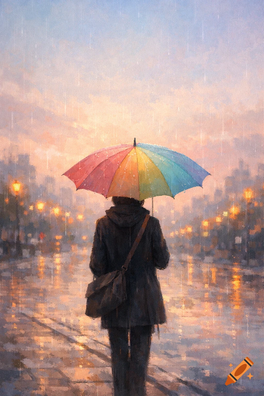 Person holding a vibrant rainbow umbrella walks in the rain on a city street at dusk, in an impressionistic painting style.
