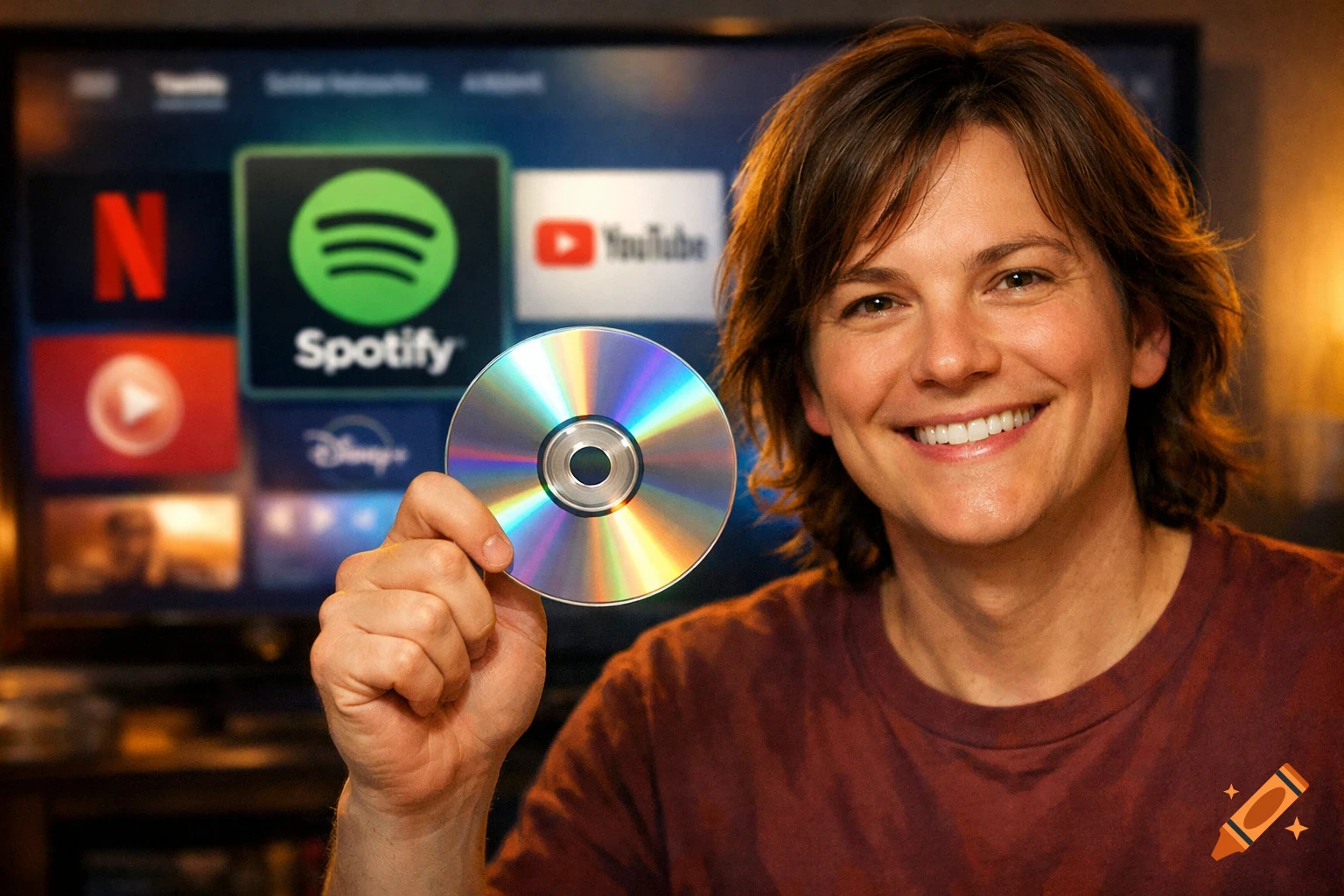 A smiling person with brown hair holds a reflective DVD. Behind them, a TV displays streaming app logos like Spotify, Netflix, and YouTube.