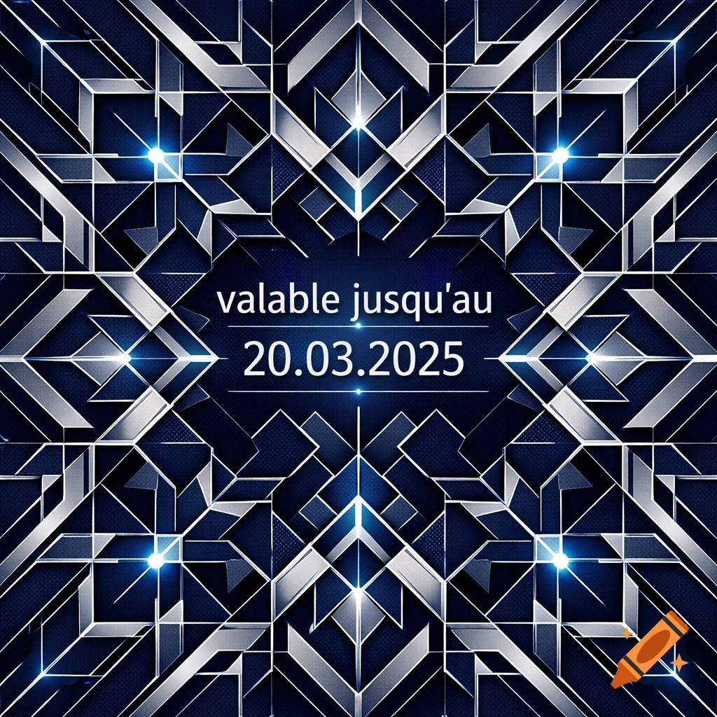 Complex silver and blue geometric pattern with glowing accents and the text 'valable jusqu'au 20.03.2025' in the center.