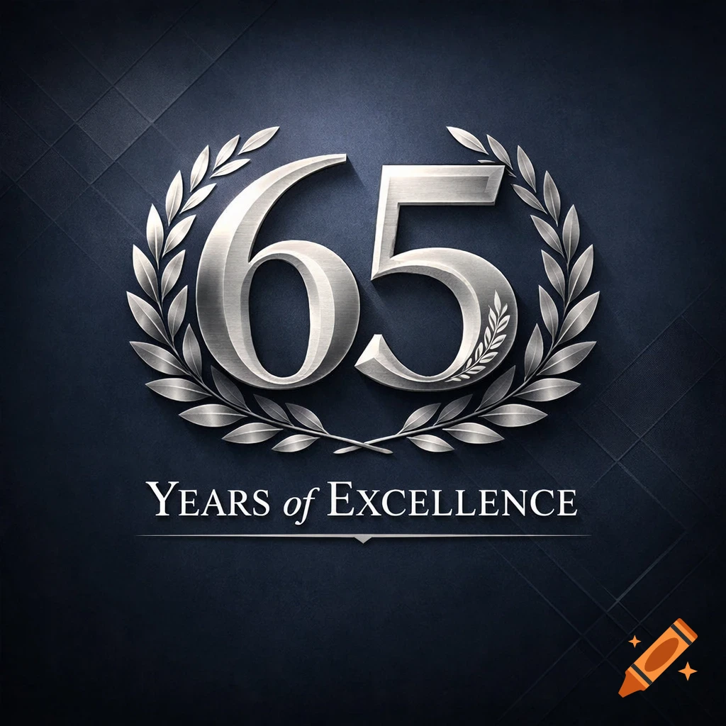 Metallic silver '65' within a laurel wreath, with 'Years of Excellence' text, on a dark blue patterned background.