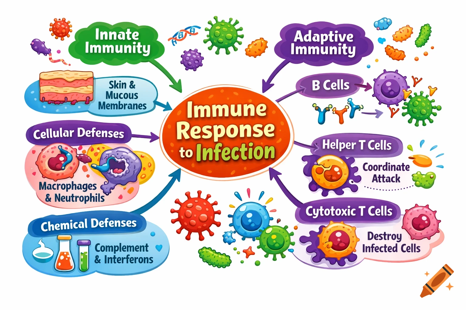 Colorful mind map illustrating the immune response to infection, detailing innate and adaptive immunity, their components, and functions.