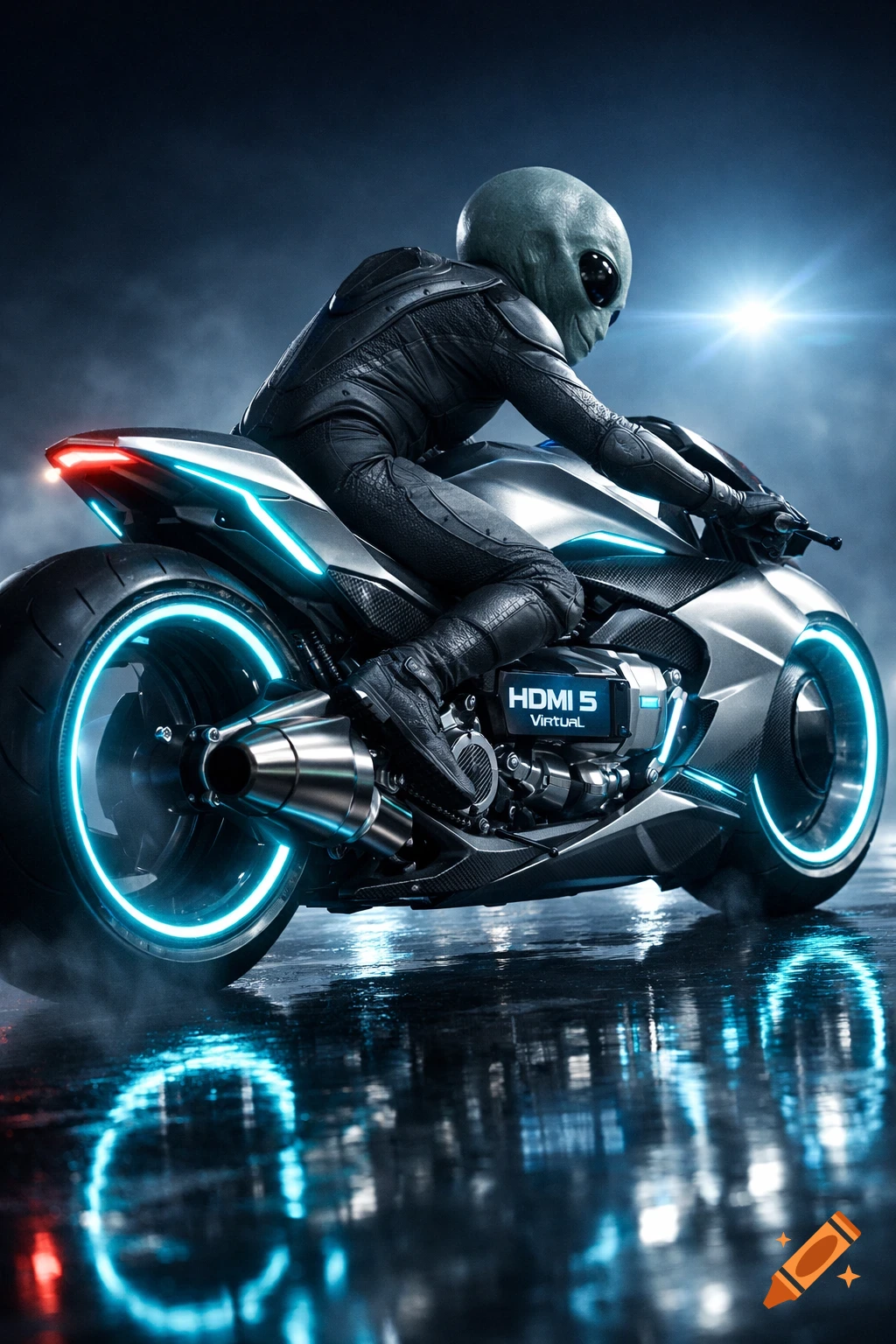 Photorealistic alien in a black suit riding a futuristic silver motorcycle with glowing blue lights on a wet, reflective surface.