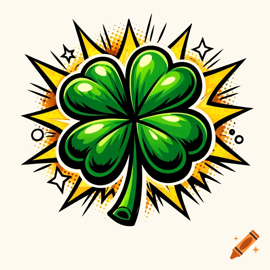 A vibrant green four-leaf clover with a shiny finish, against a yellow comic book style starburst background.