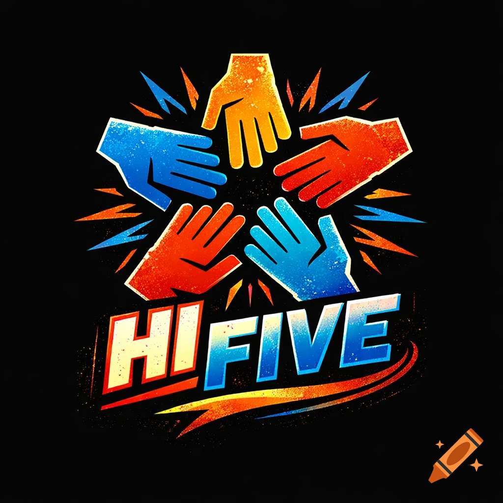 A vibrant logo featuring five stylized, colorful hands forming a star, with the text 'HI FIVE' below.