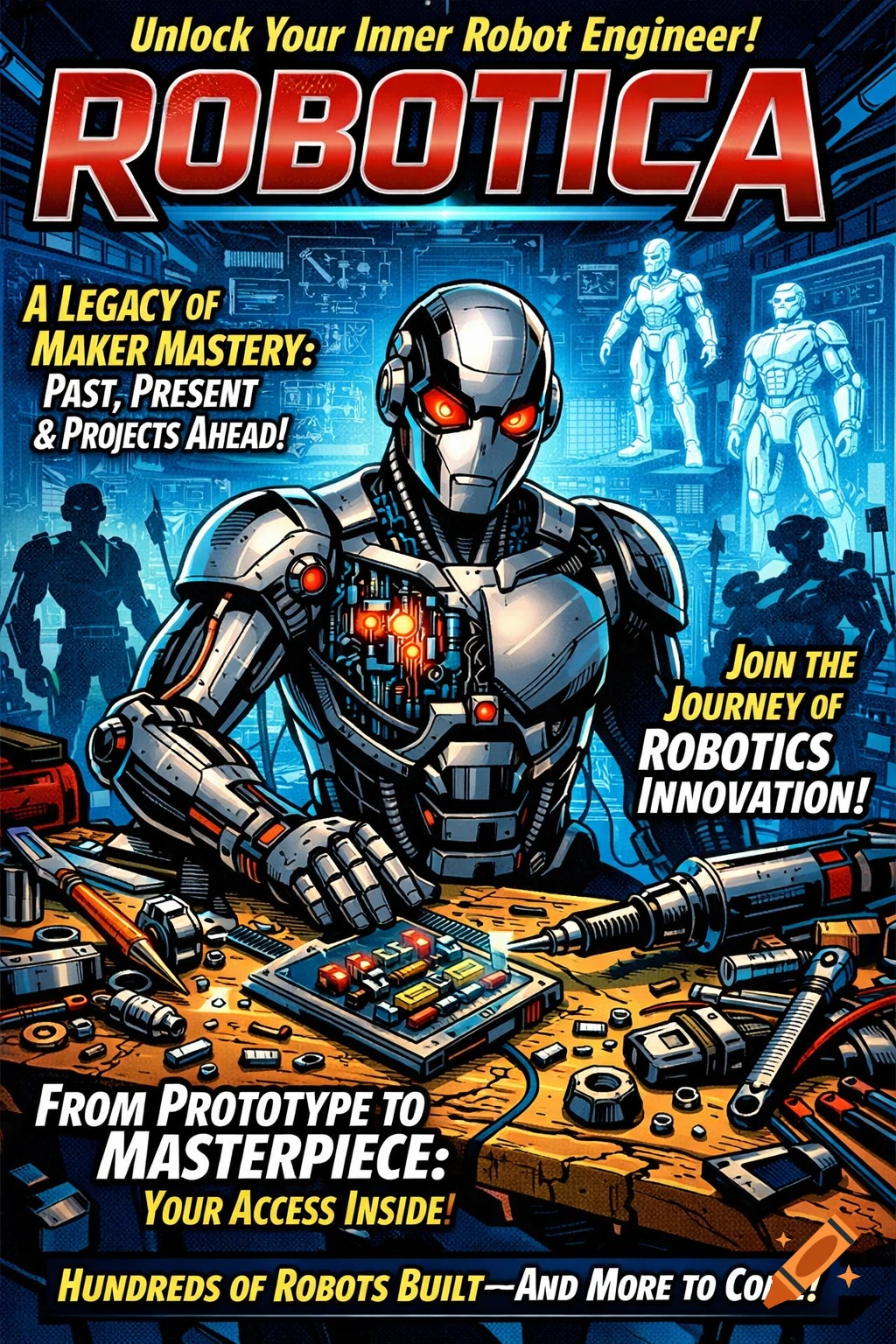 Comic book cover titled "ROBOTICA" featuring a silver robot with glowing red eyes working on a circuit board on a workbench, surrounded by tools, parts, and holographic blueprints. Various other robots are in the background.