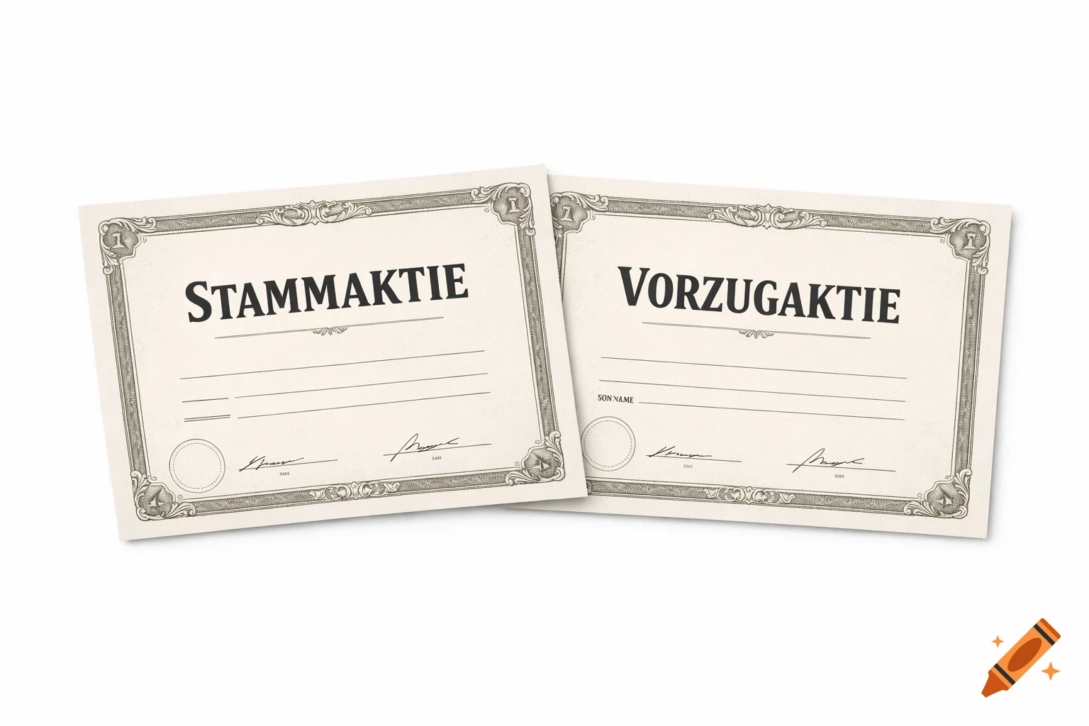 Two vintage-style stock certificates, 'STAMMAKTIE' on the left and 'VORZUGAKTIE' on the right, on a white background.