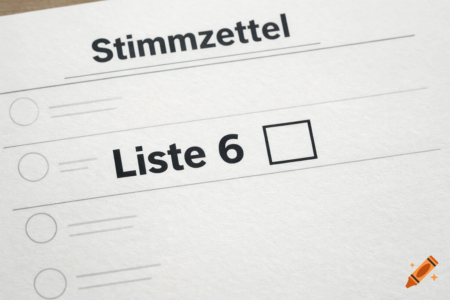 A close-up of a white ballot paper with 'Stimmzettel' at the top and 'Liste 6' with an empty checkbox below it.