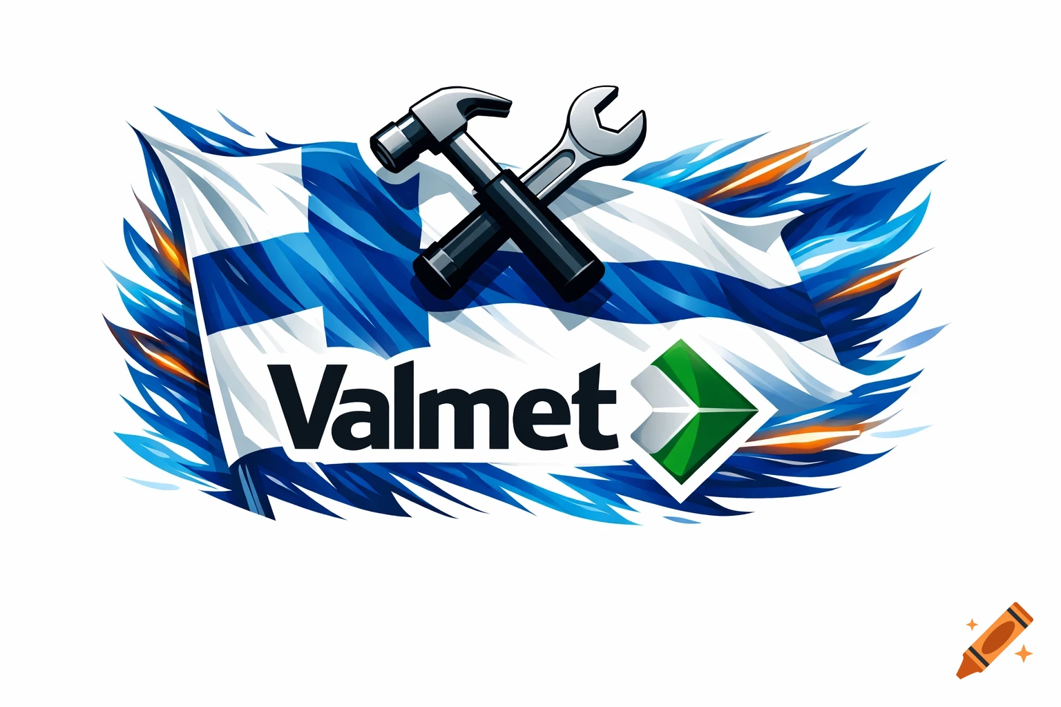 Stylized Finnish flag with blue and white, crossed hammer and wrench, and black Valmet logo against a white background.
