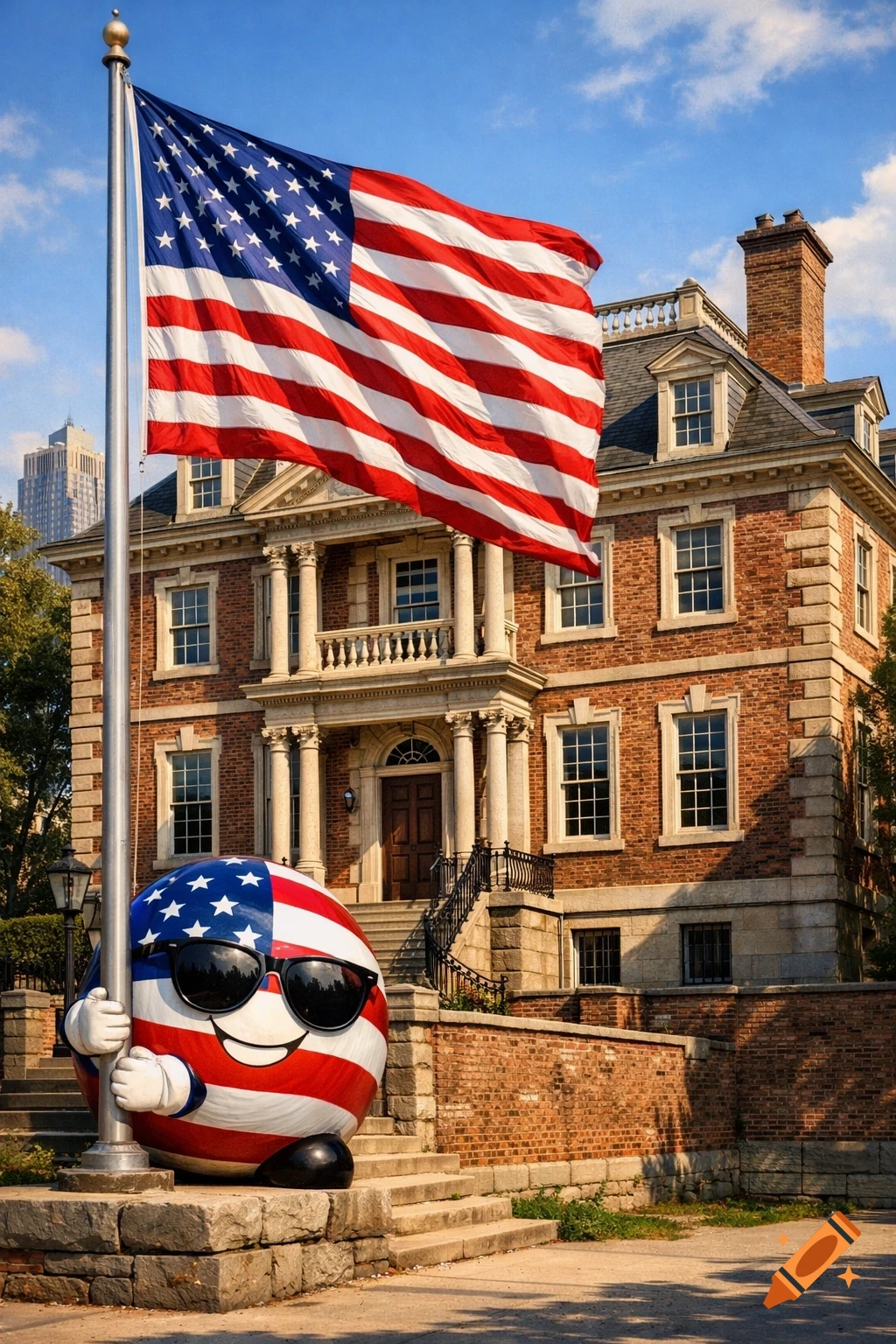 A large American flag waves over a grand brick building, with a smiling USAball character in sunglasses holding the flagpole.