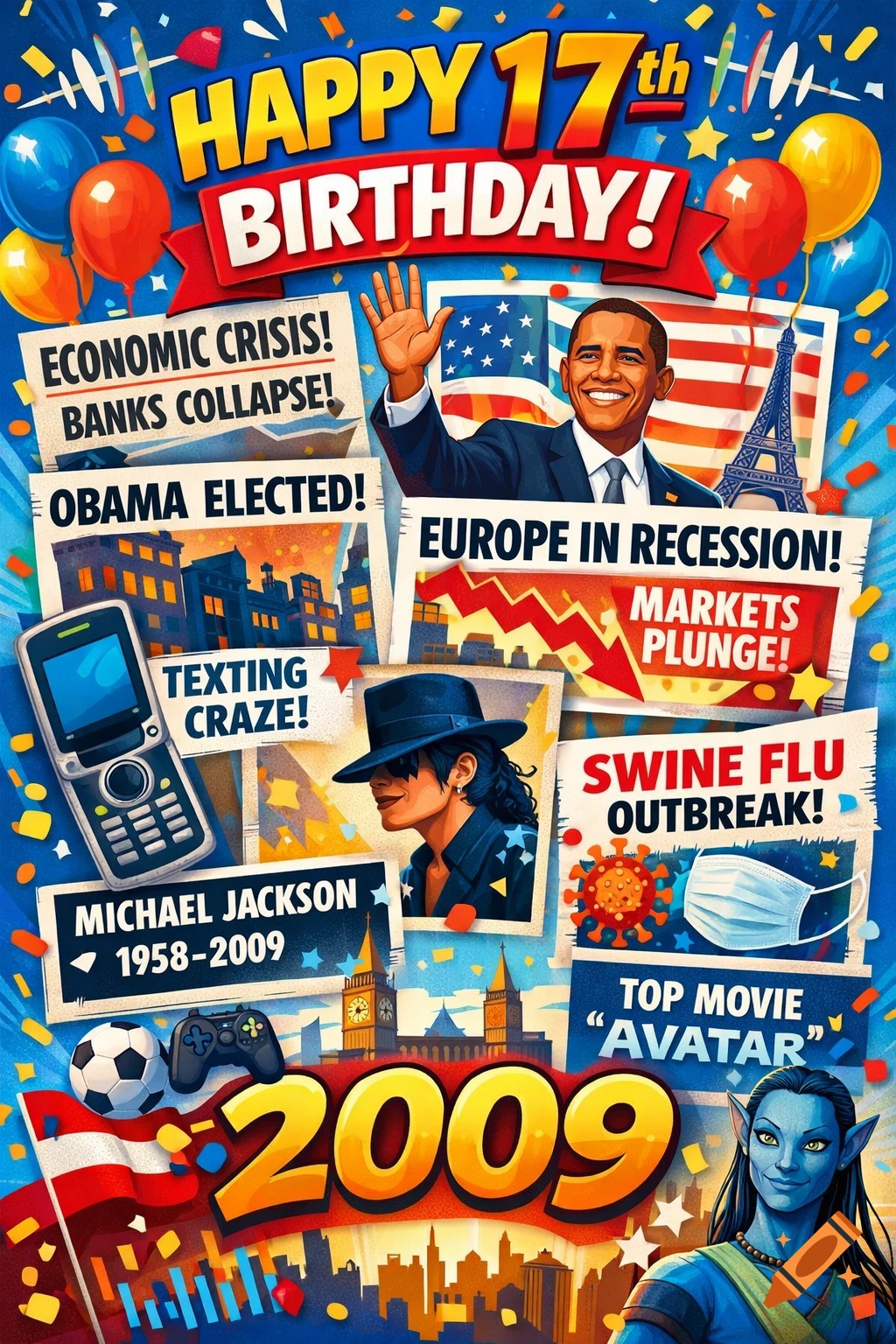 A vibrant birthday card for a 17-year-old, featuring prominent events and figures from 2009 like Obama, Michael Jackson, the Avatar movie, economic crisis headlines, and swine flu.