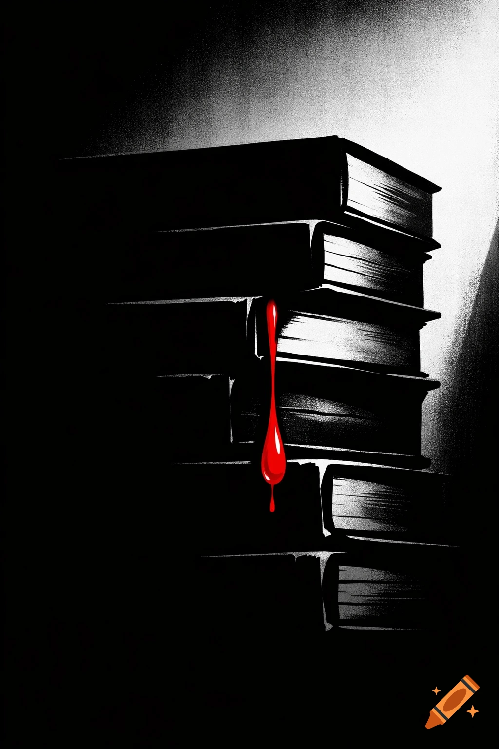 Stylized, high-contrast illustration of dark books with a single red blood drop dripping, evoking a crime or horror theme.