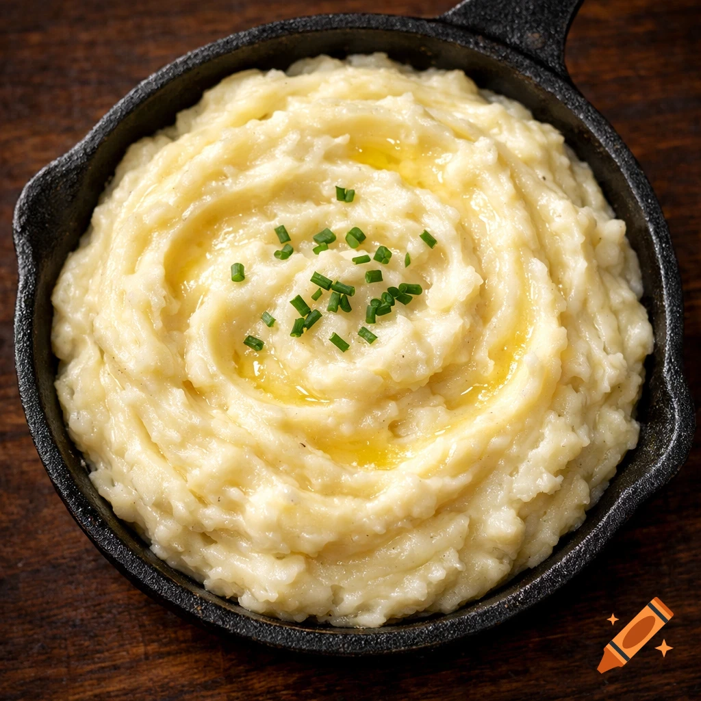 Creamy mashed potatoes with melted butter and chives, swirled in a black cast-iron skillet, overhead view.
