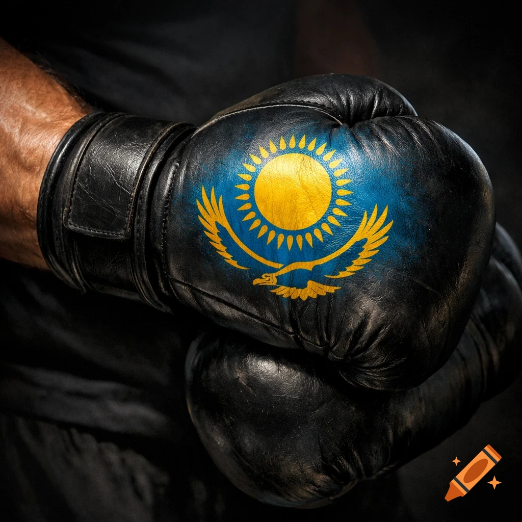 Close-up of a person wearing black boxing gloves, with the Kazakhstan flag emblem on the back of one glove.