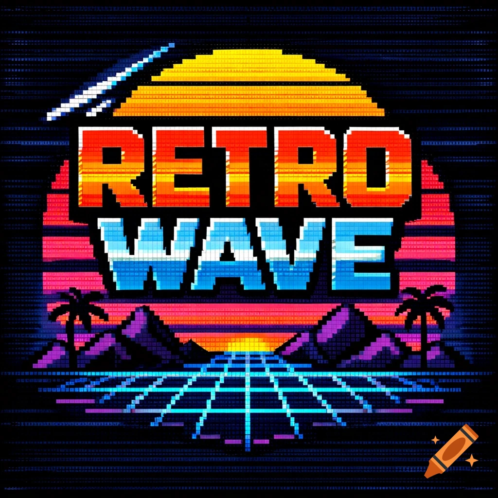 Pixel art retro logo for "RETRO WAVE" featuring a gradient sunset, mountains, palm trees, and a grid.