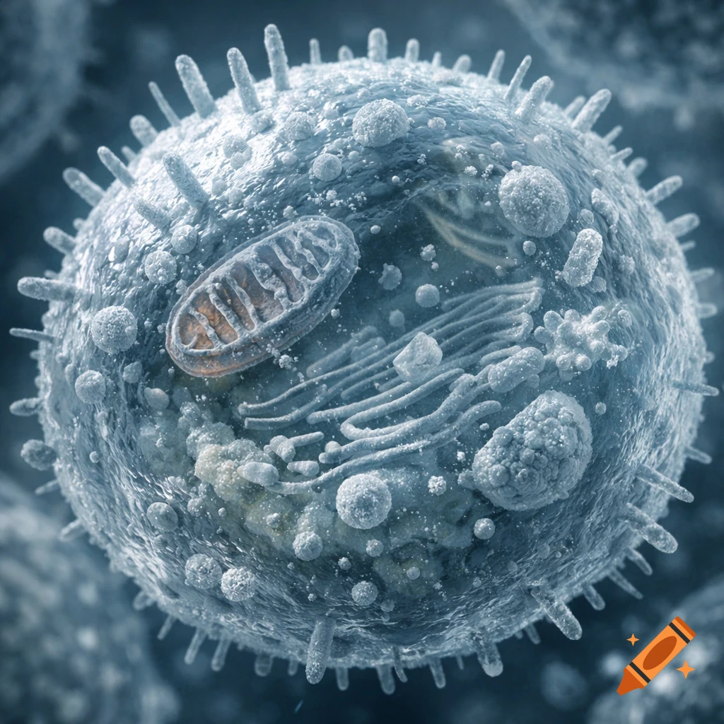 A detailed 3D rendering of an animal cell, showing internal organelles and a textured surface, in a scientific microscopy style.