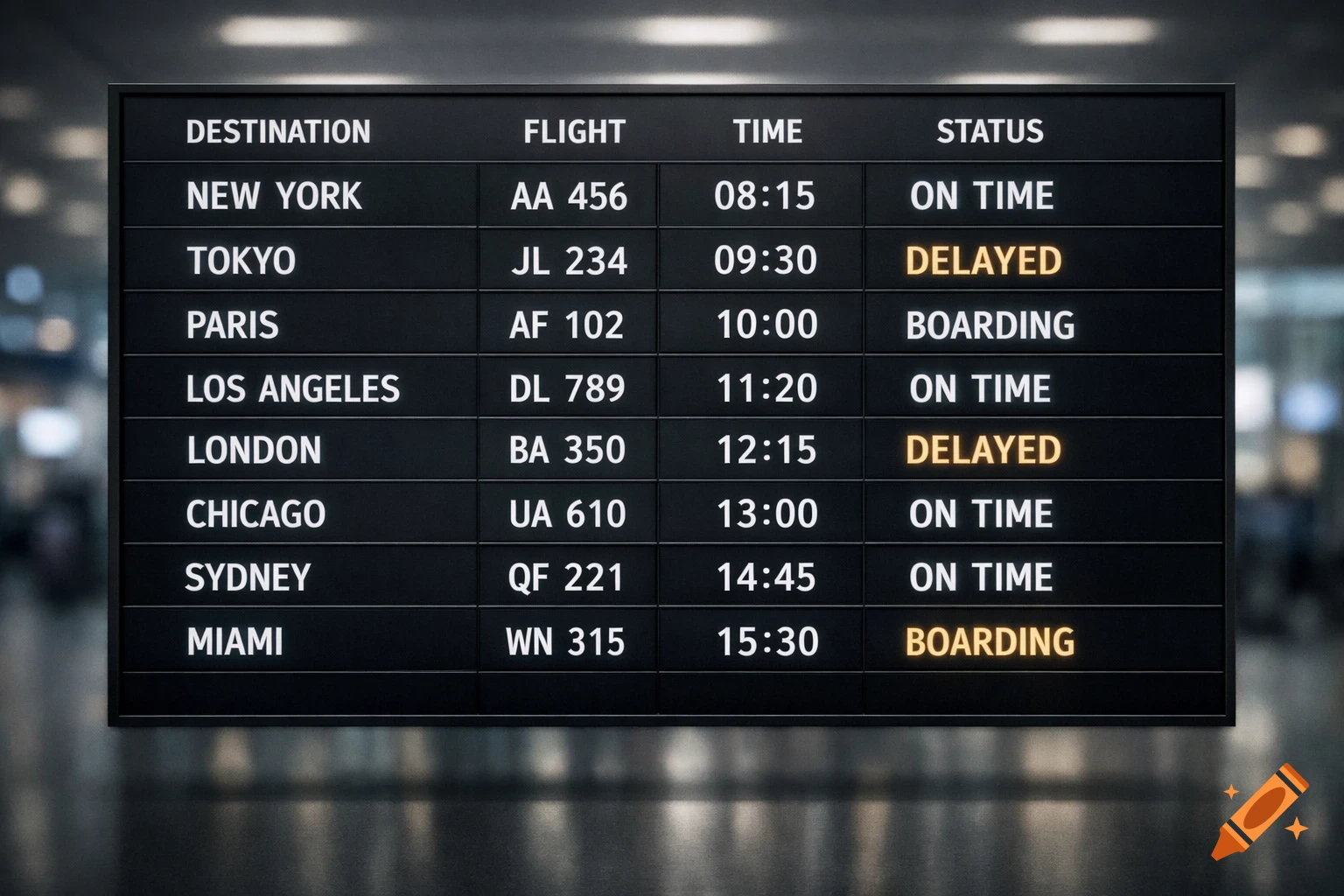 A close-up of an airport flight information display board showing destinations, flight numbers, times, and statuses.