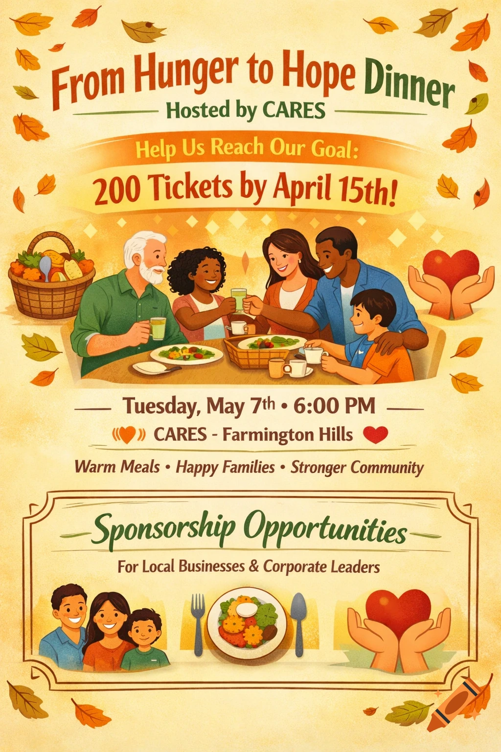 Cartoon flyer for 'From Hunger to Hope Dinner' showing a diverse family eating, hands holding a heart, event details, and sponsorship information.